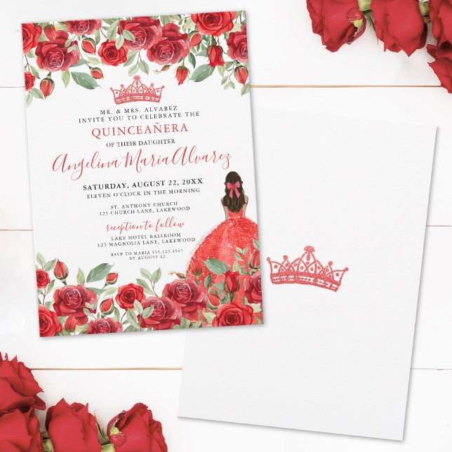 Rote Rosen Blumenkohl Einladung (Red Roses Floral Quinceanera Invitation)
