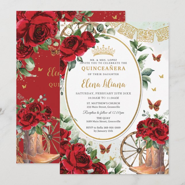 Rote Rosen Blumenkohl Stiefel Quinceañera Süß 16 Einladung (Vorne/Hinten)