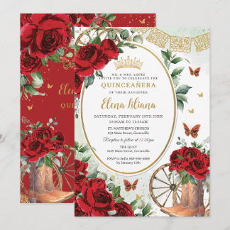Rote Rosen Blumenkohl Stiefel Quinceañera Süß 16 Einladung