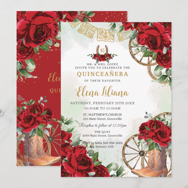 Rote Rosen Blumenkohl Sweet 16 Quinceañera Einladung (Vorne/Hinten)
