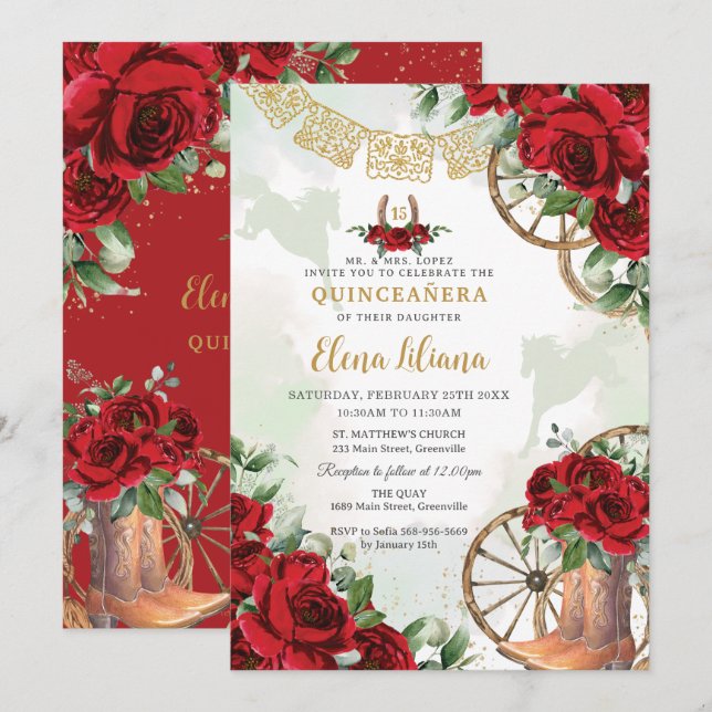 Rote Rosen Blumenkohl Sweet 16 Quinceañera Einladung (Vorne/Hinten)