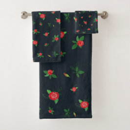 Rote Rosen Blumenmuster Schwarz Elegantes Badetuch Badhandtuch Set