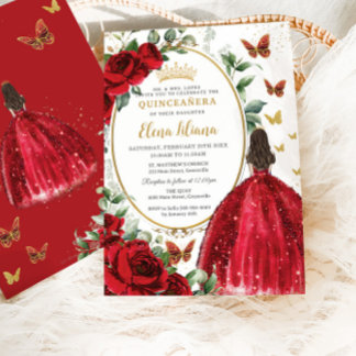 Rote Rosen BlumenPrinzessin Dress Gold Quinceñera Einladung