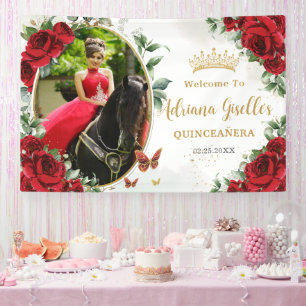 Rote Rosen Blumenschmetterlinge Quinceañera Foto Banner
