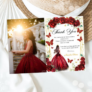 Rote Rosen Blumenschmetterlinge Quinceañera Foto Dankeskarte