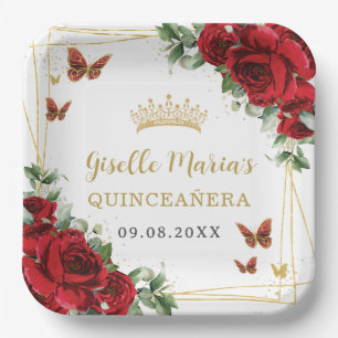 Rote Rosen Blumenschmetterlinge Quinceañera Pappteller