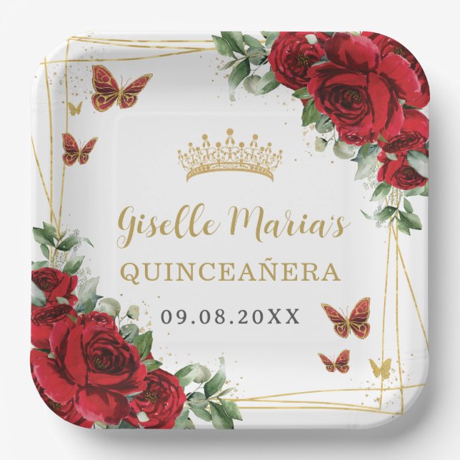 Rote Rosen Blumenschmetterlinge Quinceañera Pappteller (Vorderseite)