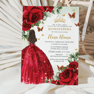 Rote Rosen Blumenschmetterlinge Quinceañera Süß 16 Einladung