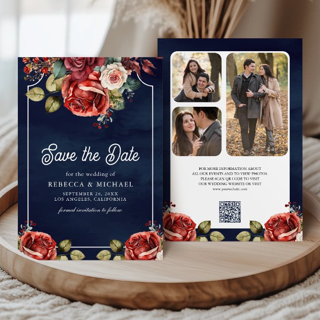Rote Rosen Blumenzwiebeln Foto QR Code Navy Blue W Save The Date (Von Creator hochgeladen)