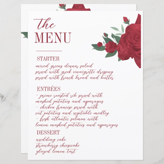 Rote Rosen Boho Wedding Menu (Vorne/Hinten)