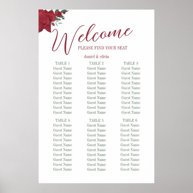 Rote Rosen Boho Wedding Seating Charts Poster (Vorne)