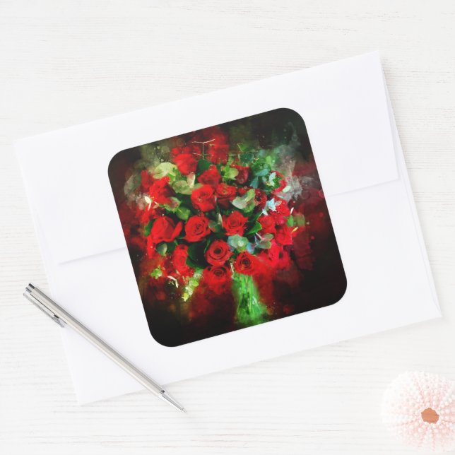 Rote Rosen Bouquet Blume Aquarell - bb Quadratischer Aufkleber (Umschlag)