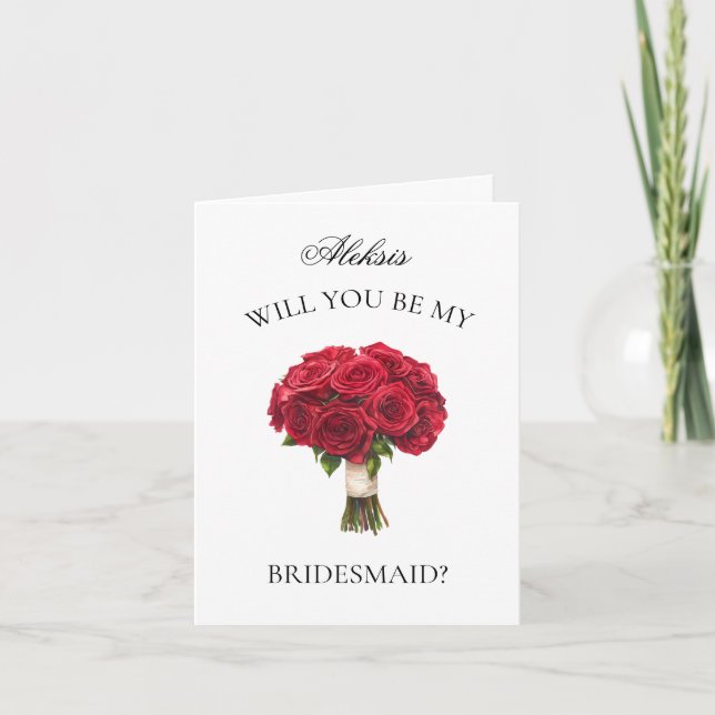 Rote Rosen Bouquet Bridesmaid Vorschlag Einladung (Vorderseite)