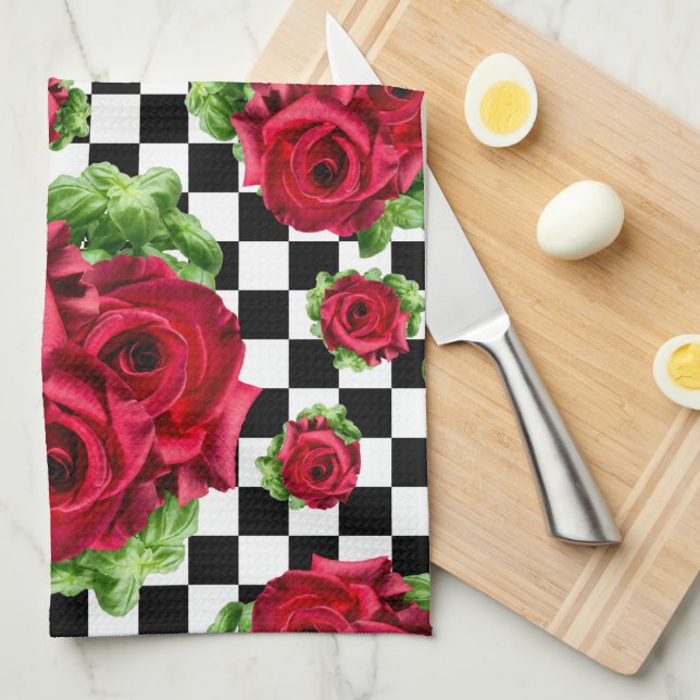 Rote Rosen Bouquet Floral Liebe Rockabilly Checker Küchentuch (Viertel Falte)