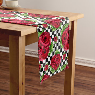 Rote Rosen Bouquet Floral Liebe Rockabilly Checker Mittelgroßer Tischläufer