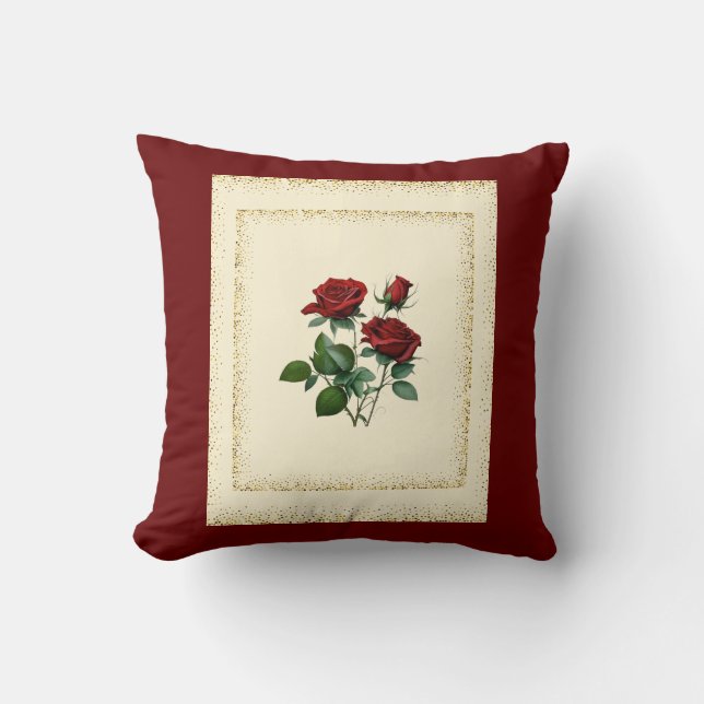 Rote Rosen Bouquet Gerahmt mit Gold Dots Leinwand Kissen (Vorderseite)