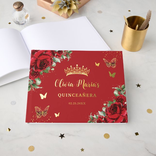 Rote Rosen Butterfly Quinceanera Süße 16 Geburtsta Gästebuch (Vorderseite offen)