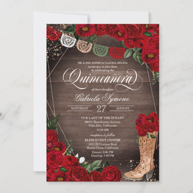 Rote Rosen Charra Rustic Cowgirl Boots Quinceañera Einladung (Vorderseite)