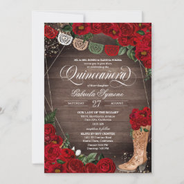 Rote Rosen Charra Rustic Cowgirl Boots Quinceañera Einladung