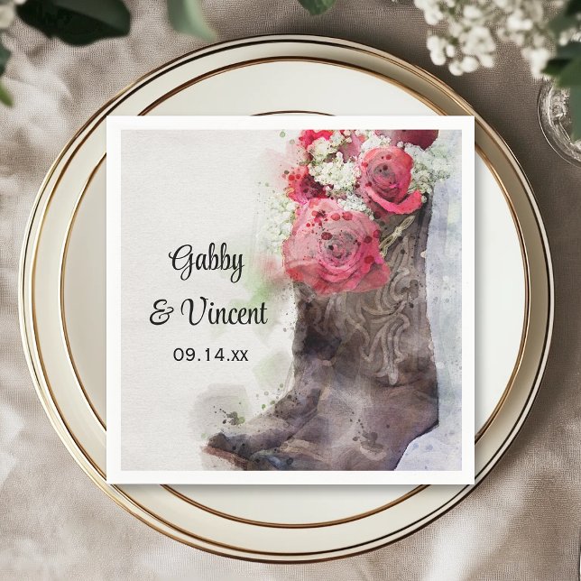 Rote Rosen Cowboy Boots Western Hochzeit Wasserfar Serviette (Von Creator hochgeladen)