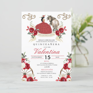 Rote Rosen Cowgirl Western Quinceañera Einladung