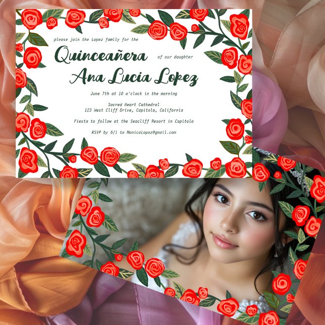 Rote Rosen CUSTOM Foto Quinceañera Einladung (Red Roses CUSTOM Photo Quinceañera Invitation
)