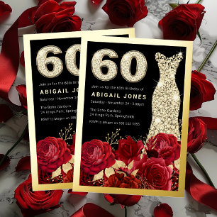 Rote Rosen Diamantkleid 60. Geburtstag Golden Folieneinladung