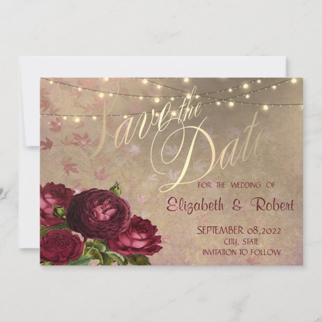 Rote Rosen, die Blätter mit String-Lights füllen Save The Date (Vorderseite)
