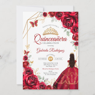 Rote Rosen Dress Gold White Quinceanera Einladung