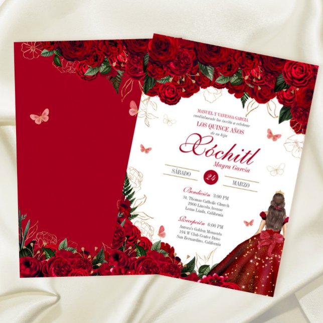 Rote Rosen Elegante Flora & Butterfly Quinceanera Einladung (Von Creator hochgeladen)