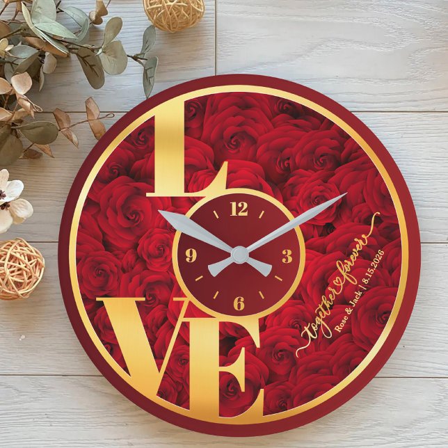 Rote Rosen Elegante Liebe Typografie Couple Valent Große Wanduhr (Von Creator hochgeladen)