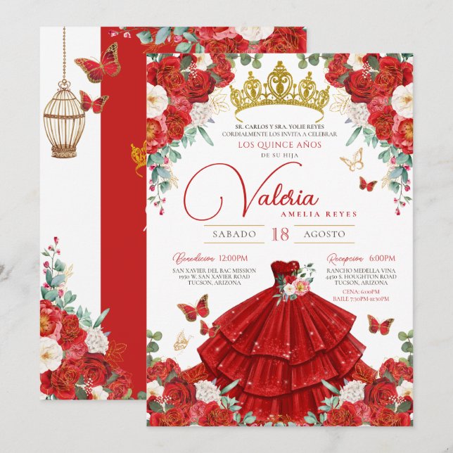 Rote Rosen Elegante Prinzessin Butterfly Quinceañe Einladung (Vorne/Hinten)