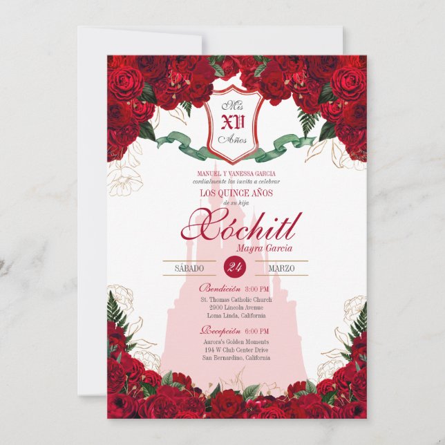 Rote Rosen Elegante Prinzessin Royalty Quinceanera Einladung (Vorderseite)