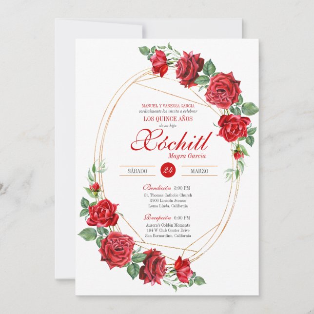Rote Rosen Eleganter Luxus Quinceanera Einladung (Vorderseite)