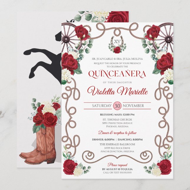 Rote Rosen Eleganter Western Charro Quinceanera Einladung (Vorne/Hinten)