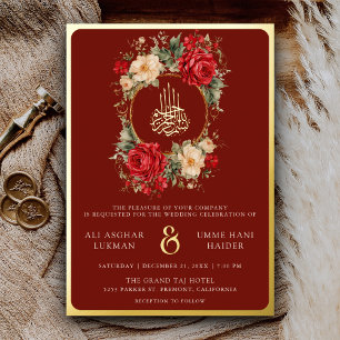 Rote Rosen Elfenbein Blume Maroon Moslem Hochzeit  Folieneinladung