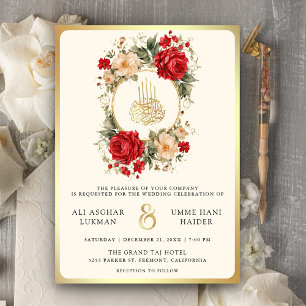 Rote Rosen Elfenbeinkühe Blume Cream-Gold-Hochzeit Einladung
