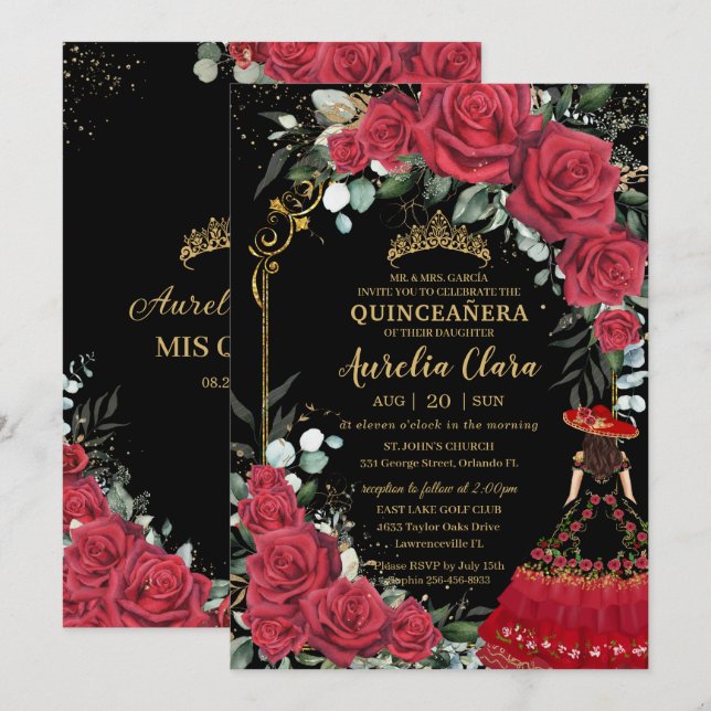 Rote Rosen Floral Black Charro Quinceañera Einladung (Vorne/Hinten)