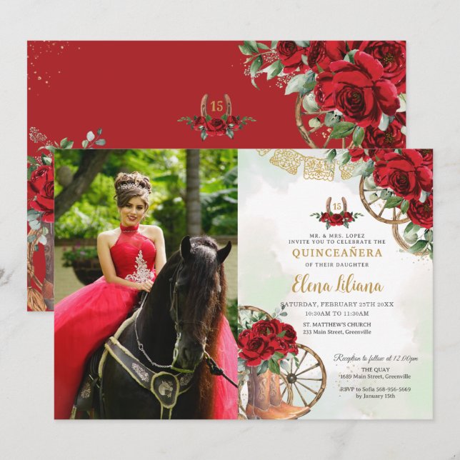 Rote Rosen Floral Charro Boots Quinceañera Bild Einladung (Vorne/Hinten)