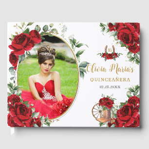 Rote Rosen Floral Charro Boots Quinceanera Foto Gästebuch