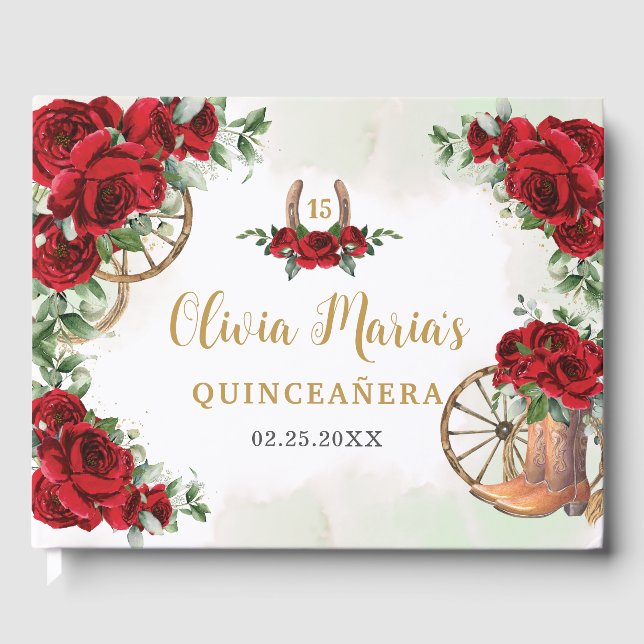 Rote Rosen Floral Charro Cowboy Boots Quinceanera Gästebuch (Vorderseite)