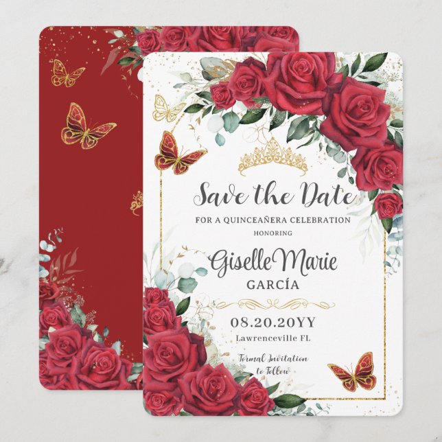 Rote Rosen Floral Gold Quinceañera Butterflies Arc Save The Date (Vorne/Hinten)