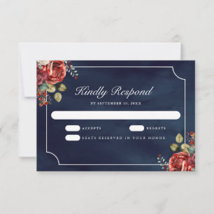 Rote Rosen Floral Marineblau Hochzeit RSVP Karte