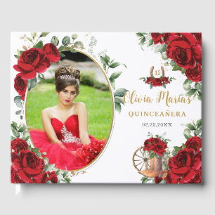 Rote Rosen Florale Charro Stiefel Quinceanera Foto Gästebuch