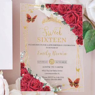 Rote Rosen Florale Gold Schmetterlinge Sweet Sixte Acryleinladungen