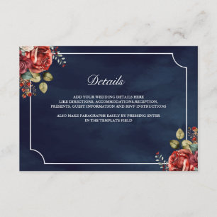 Rote Rosen Florale Navyblaue Hochzeitsdetails Begleitkarte