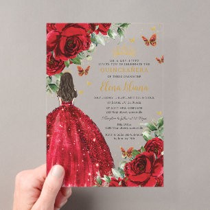 Rote Rosen Florale Schmetterlinge Quinceañera Swee Acryleinladungen