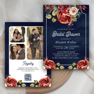 Rote Rosen Florales Foto QR Code Navy Brautparty Einladung
