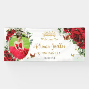 Rote Rosen Florales Gold Quinceañera Foto Hintergr Banner