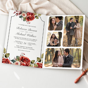 Rote Rosen Florales Rahmen-Foto-QR-Code Hochzeit Einladung